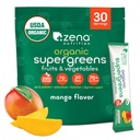 Zena Nutrition Organic Super Greens Powder, 70+ Superfoods, 0 Sugar, 3G Fiber, Spirulina, Chlorella, Mushrooms, Prebiotics/Probiotics, Digestive Enzymes for Gut Health, Mango, 30 Drink Mix Packets