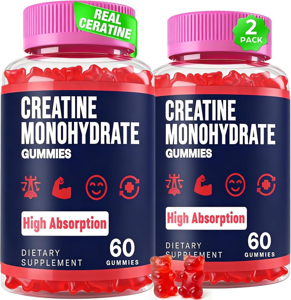 Women & Men, Taurine & B6 için Monohidrat Gummies, Chewable Kretina Pre Workout Gummies for Max Strength & Muscle growth, Energy, Endurance, Kres for Men & Women - 2 Şişes