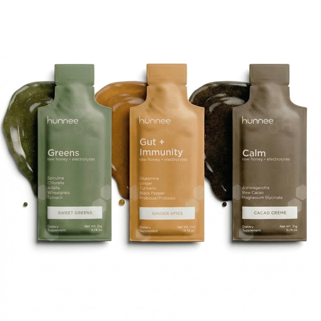 HUNNEE Greens + Gut + Calm Variety Pack | Raw Honey Gels with Spirulina, Chlorella, Probiotics, L-Glutamine, KSM-66 Ashwagandha & Magnesium Glycinate | Gluten-Free, Non-GMO | 42 Sachets