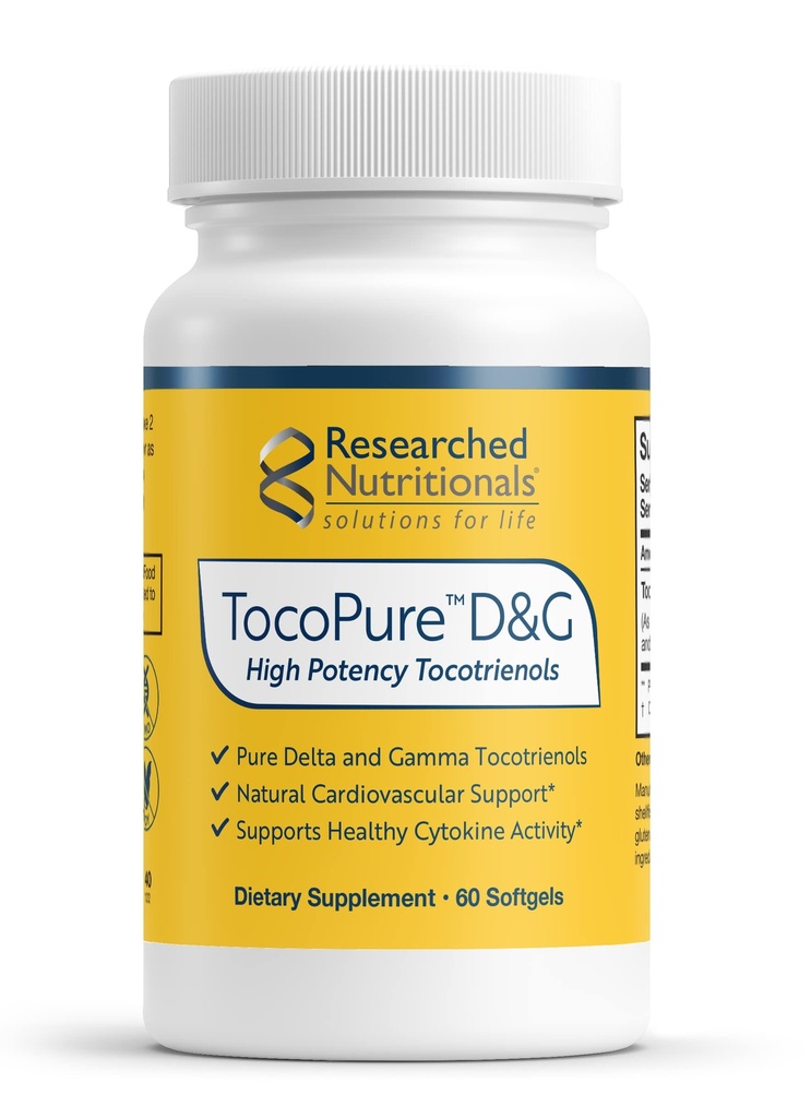 Researched Nutritionals TocoPure D&G - Vitamin E Tocotrienols - Antioxidants Supplement to Support Cellular, Lipid Metabolism & Heart Health - Gamm & Delta Tocotrienol Complex (60 Softgels)