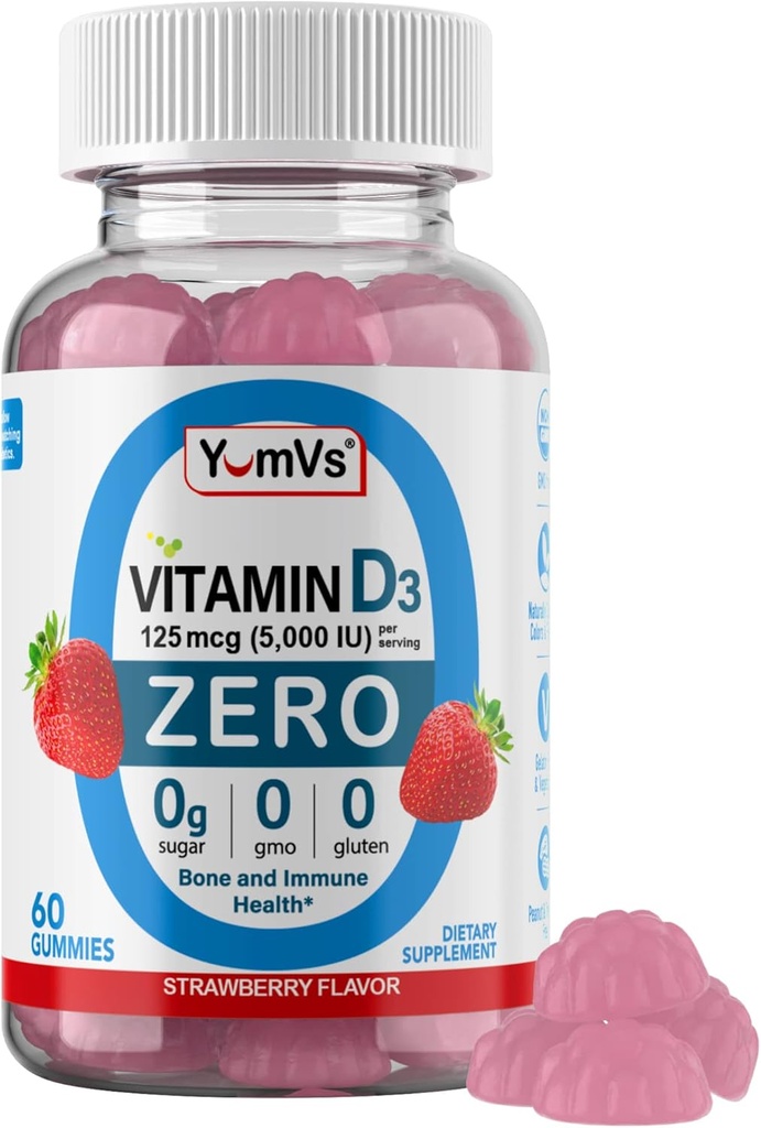 Yum-Vs - Vitamin D3 Yetişkinler ve Çocuklar için Sıfır Şeker (125 mcg - 60 Count) - Şeker Ücretsiz Vitamin D Gummies - Vejetaryen Gummy Vitaminleri Bone Support & Immune Health - Vit D3 Vitamin Chewable