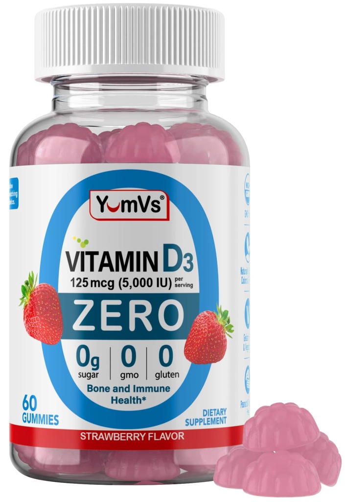 Yum-Vs - Vitamin D3 Yetişkinler ve Çocuklar için Sıfır Şeker (125 mcg - 60 Count) - Şeker Ücretsiz Vitamin D Gummies - Vejetaryen Gummy Vitaminleri Bone Support & Immune Health - Vit D3 Vitamin Chewable