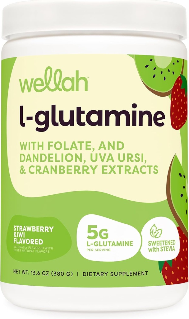 Wellah L-Glutamine σκόνη Φράουλα Kiwi (50 εξυπηρετούν) - 5g L-Glutamine ανά υπηρεσία, ζαχαρωμένο με Stevia