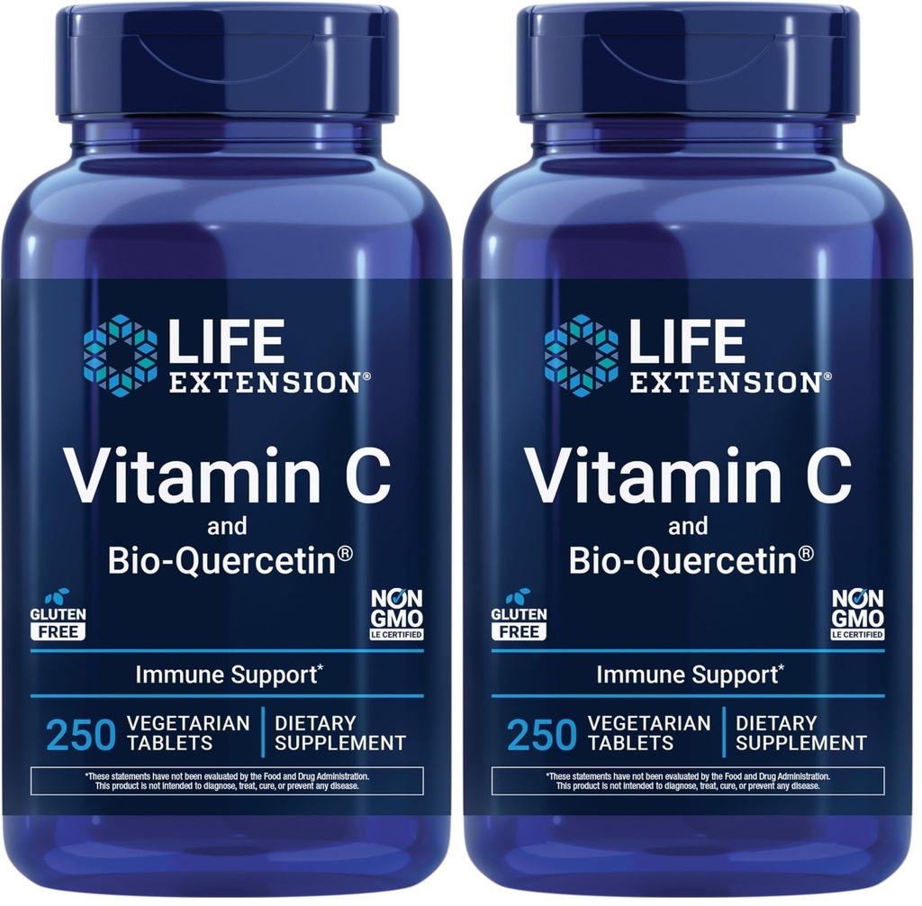 Life Extension C and Bio-Quercetin®,Cardiovascular Health Supplement,Immune Support,Highly absorbable,quercetin,Vitamin C,Gluten Free,Non-GMO,Vegetarian,250 Tabletler,(Pack of 2)