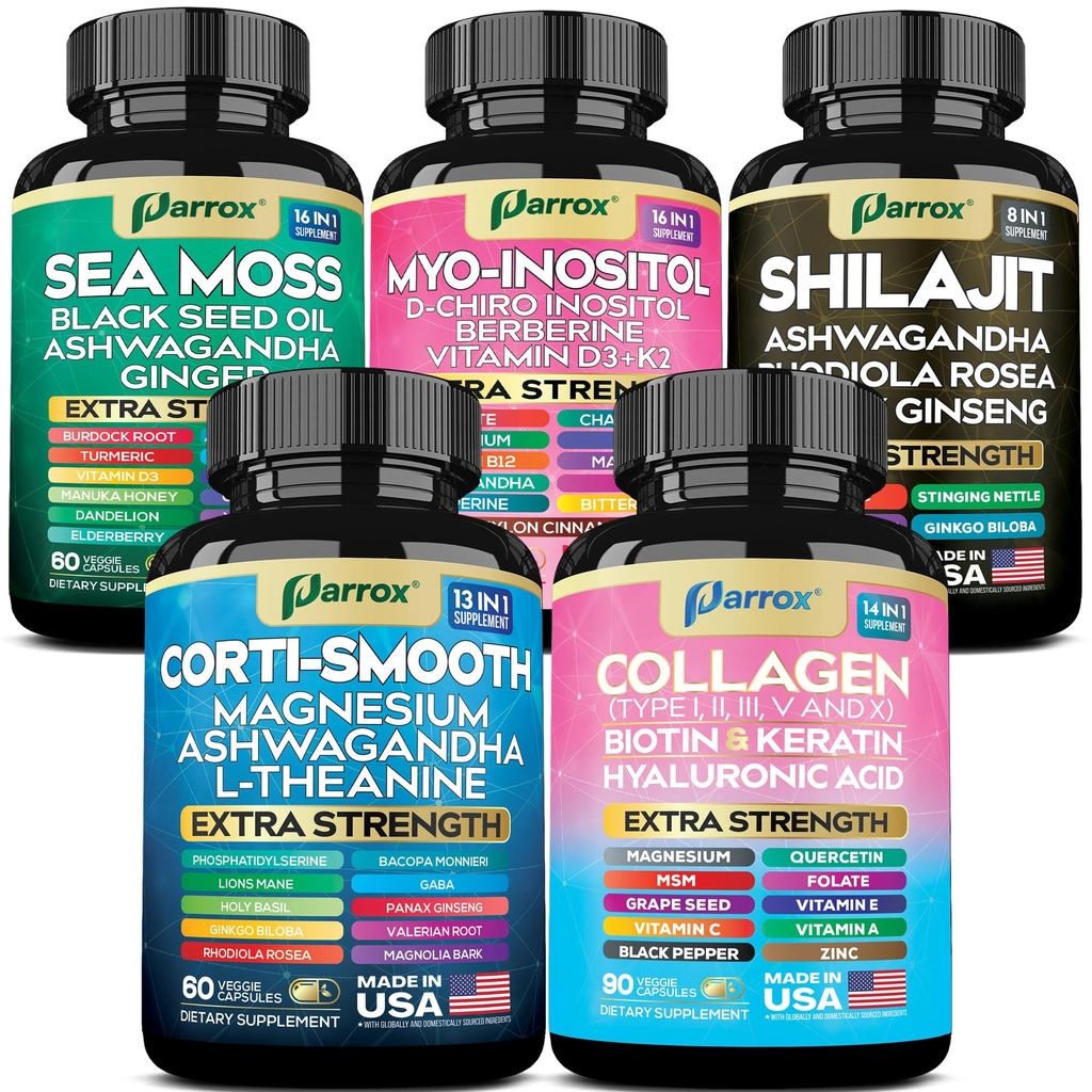 Cortisol, Myo-Inositol, Collagen + Sea Moss, Shilajit Bundle – 5-in-1 Daily Wellness Stack with Ashwagandha, DIM, Biotin, Adaptogens, Marine Minerals, and Collagen Peptides Types I–V