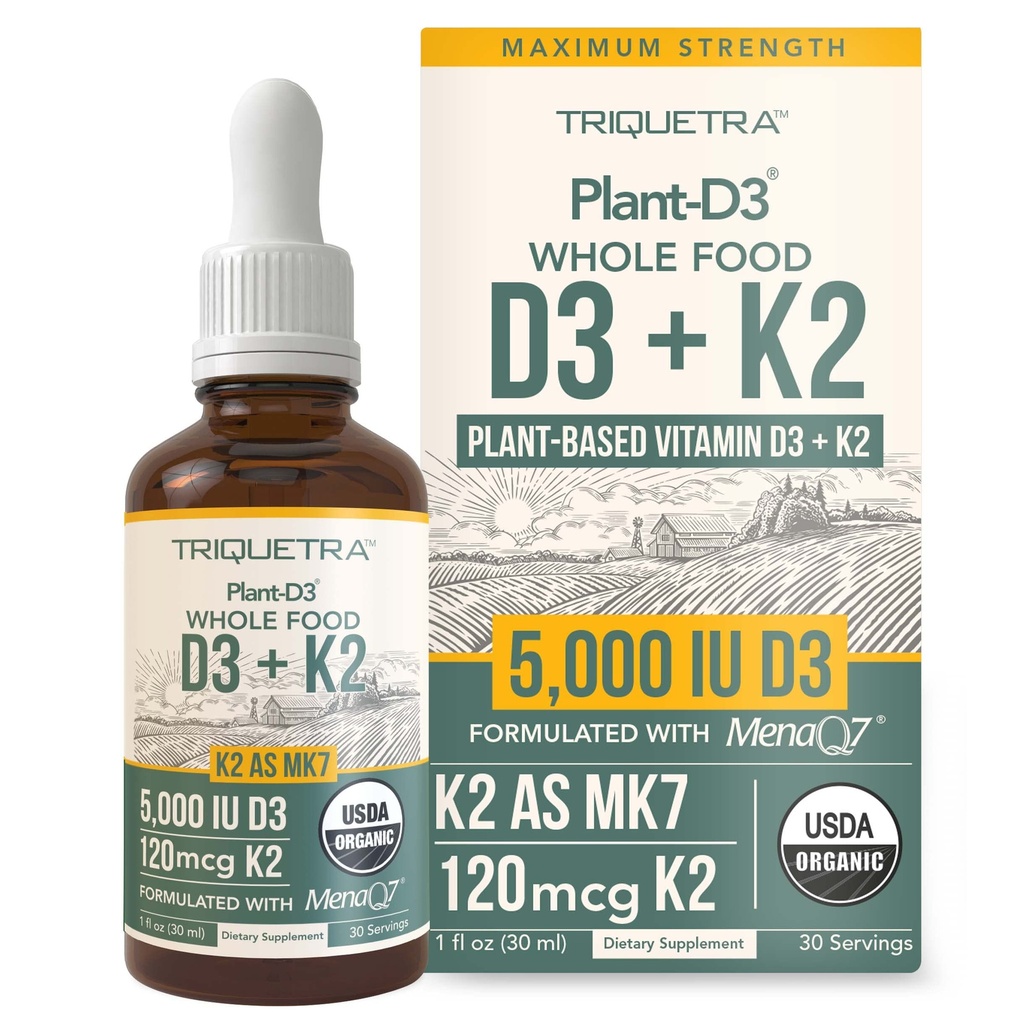 Organic Plant D3 + K2 (5000 iu D3) - All-Trans MK7 from MenaQ7 (120 mcg K2) - 100% Organic & Plant-Based Sublingual D3 Drops (Cholecalciferol), 100% Vegan - Supports Immunity, Bone(1oz)