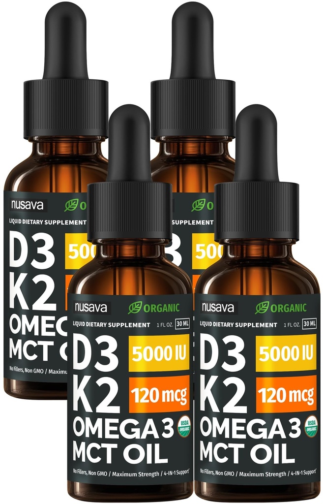 (4 Pack) Organic Vitamin D3 K2 Drops with MCT Oil & Omega 3 - Liquid Vitamin D3 5000 IU - K2 D3 Vitamin Supplement - Vitamin D Drops for Women & Men - No Fillers, Non-GMO, GMP, Unflavored (4 Fl Oz)