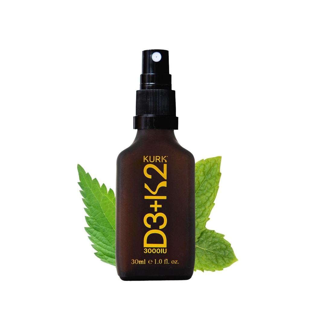 Kurk Vegan Vitamin D3 K2 Spray for Everyday Wellness, Delivers K2 MK-7 Vitamin Supplement and 3000IU D3 for Adults, Plant Based with Natural Ingredients, Refreshing Mint Taste (1 Fl Oz)
