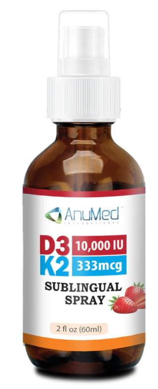 Vitamin D3 + K2 10,000 IU Sublingual Spray – Strawberry Flavor – 2 fl oz (60 mL) – AnuMed – Fast Absorbing, MCT Oil-Based, Sugar-Free
