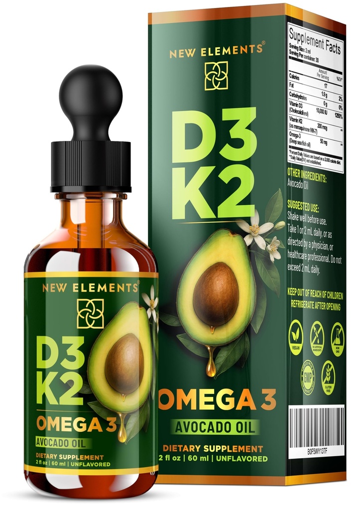 New Elements Liquid Vitamin D3 + K2 Drops 10,000 IU with Omega-3 – High Absorption for Bone, Immune & Heart Support | Pure Avocado Oil Base | Non-GMO – 2 fl oz (60 ml)