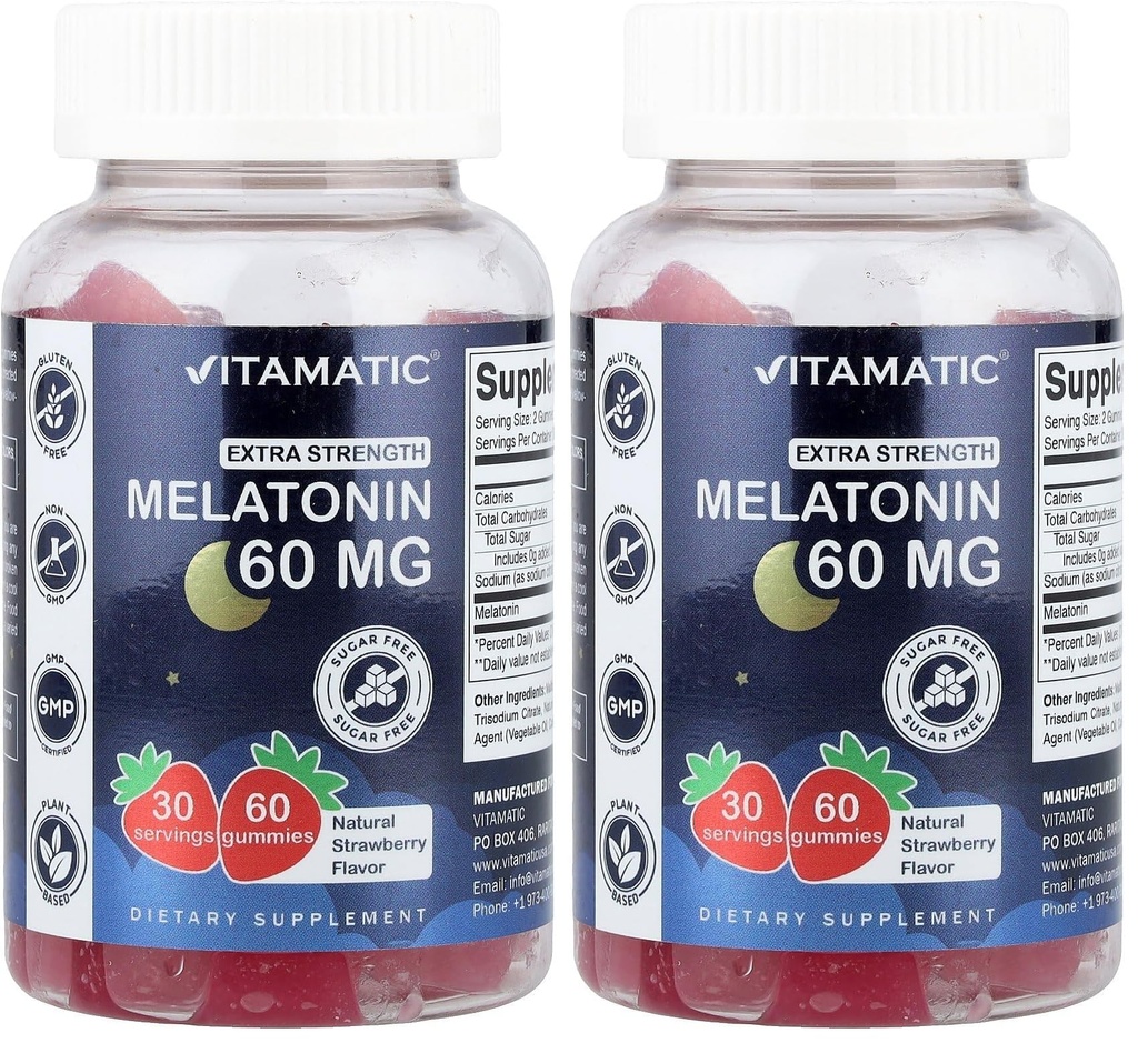 Vitamatic Sugar Free Melatonin 60 mg - 60 Vegetarian Gummies - Non-Habit Forming Supplement (Pack of 2)