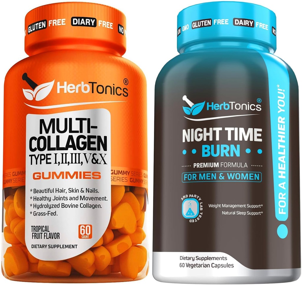 Herbtonics Multi Collagen Gummies Type 1,2,3,5 & 10 with Biotin for Hair Growth, Skin, Nails - Night Time Weight Supplement with Melatonin to Support Sleep & Metabolism | Melatonin for Women and Men