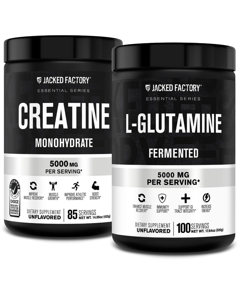 Jacked Factory Kreatine Monohidrat Toz 425g, 85 SV & L-Glutamine Supplement 500g, 100 SV - No Artficial Fillers, Unflavored
