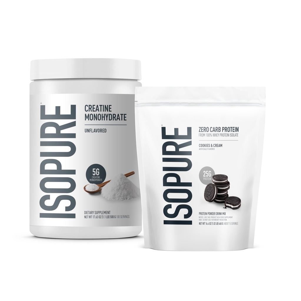 Zero Carb% 100 Pure Whey Isolate protein Toz, Kurabiyeler ve Krem, 25g proteini hizmet ediyor, 1 Lb, 15 Hizmet + Isopure% 100 Saf Kretine Monohidrat Toz, 100 Hizmet