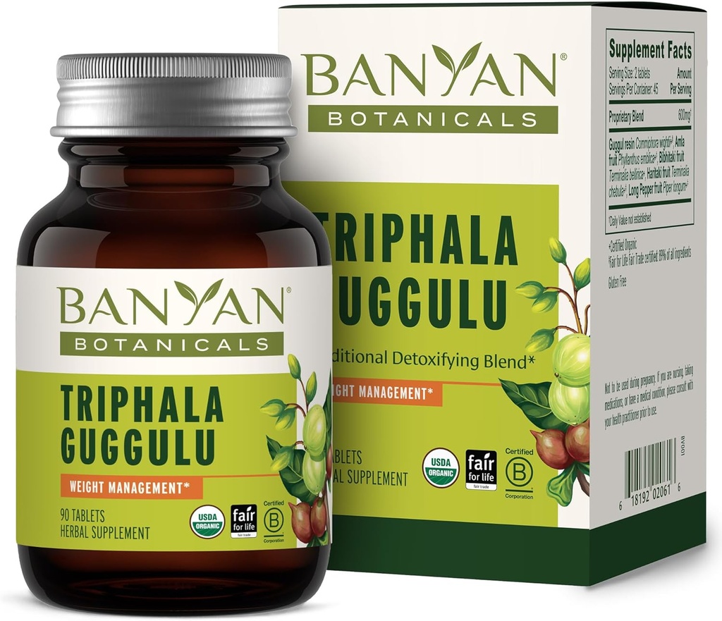 Banyan Botanicals Triphala Guggulu – Βιολογικό συμπλήρωμα Triphala με Guggulu Resin - -– Βοτανικό συμπλήρωμα Detox για την υποστήριξη της υγιούς πέψης * – 90 δισκία – Μη ΓΤΟ Βιώσιμα πηγασμένα Vegan