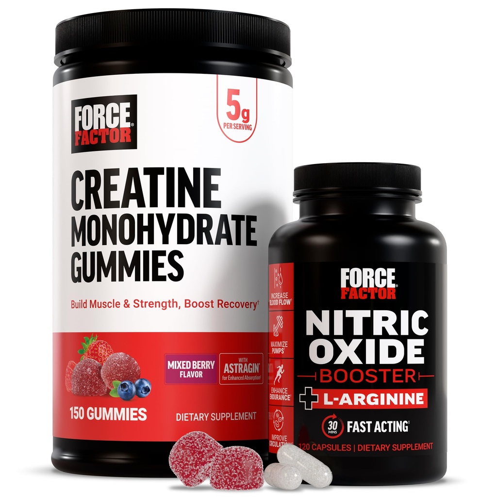 Force Factor Kretine Gummies, 5 Gramst Kreine Monohidrat, Karma Berry, 150 Gummies, 30 Nitrik Oksit ATM, Fast-Acting Formula with L-Arginine, 120 Capsules