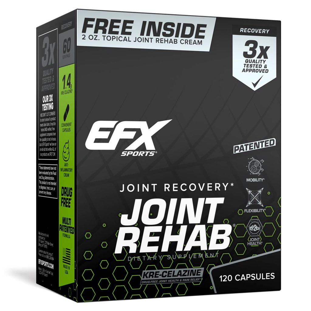 EFX Sports Joint Rehab Recovery Kit | Kre-Celazine® | Hareketlilik ve Ortak Sağlık | 120 Capsules Kre-Alkalyn Kretine + 2 oz Topical Cream