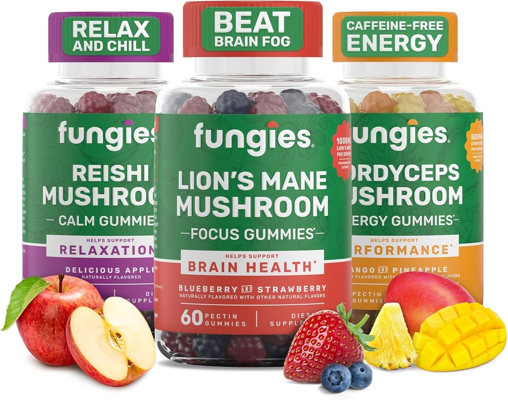 Fungies Mushroom Gummy 3-Pack Bundle, Lion's Mane, Cordyceps & Reishi Gummies for Adults - Mushroom Gummies Υποστηρίζει την υγεία του εγκεφάλου, την υγεία των ούλων, την ενέργεια και την καθημερινή ευεξία - 180 Services