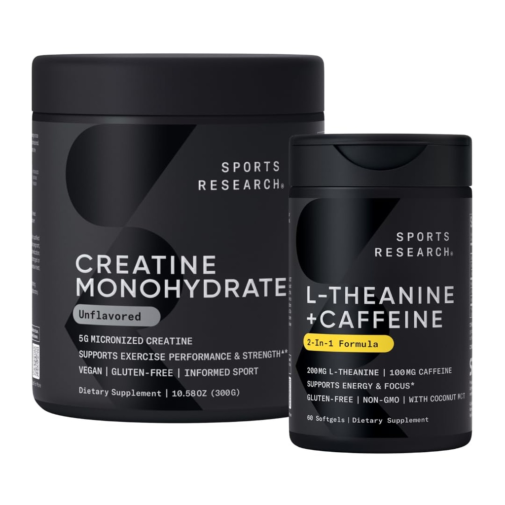 Sports Research® Zen Strength Pack - Creatine Monohydrate Powder + L-Theanine Supplement with Caffeine & Coconut MCT Oil