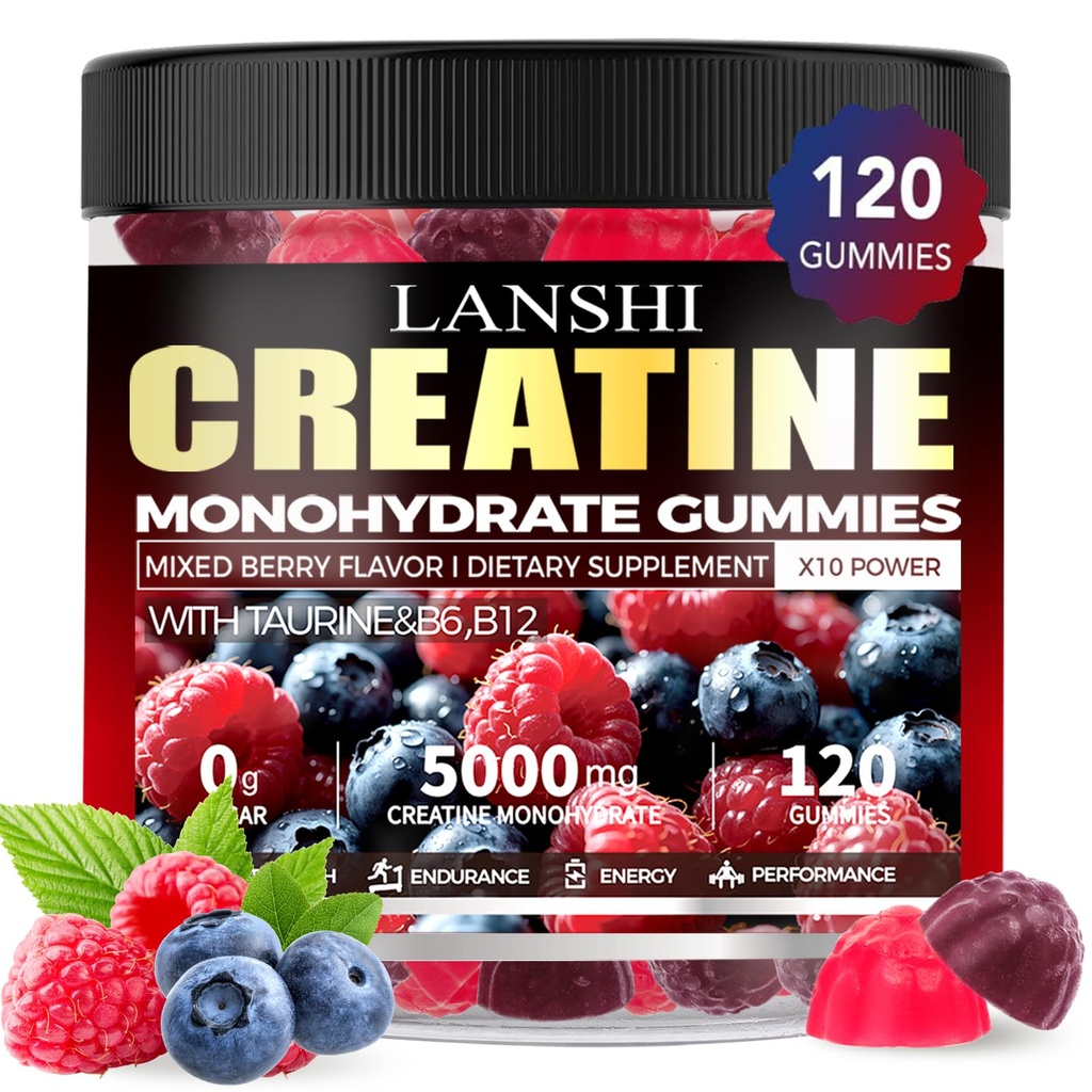 Kretine Monohidrat Gummies 5000 mg - Sugar Free Pre Workout Supplement for Men & Women, Kre, Strength, Recovery, Cognitive Health & Memory, Karma Berry Flavor, 120 Count