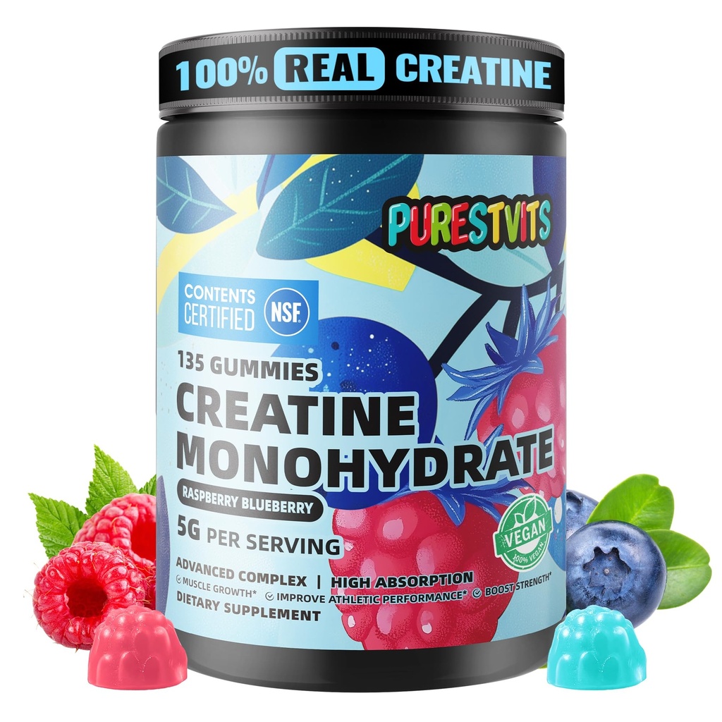 NSF Certified Creatine Gummy 5g - Creatine Monohydrate Gummies – Pre-Workout Energy & Muscle Growth Support for Men & Women | Blueberry Raspberry Electrolyte Gummies (135 Count)