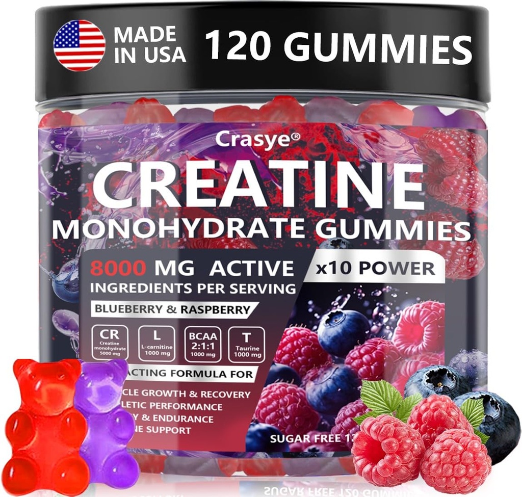Tina Gummies Kompleks 8000 mg for Men and Women Kretine Monohidrat Gummy with BCAA Taurin for Muscle Strength and Energy Boost Sugar Free Pre-Workout Supplement - 120 Gummies