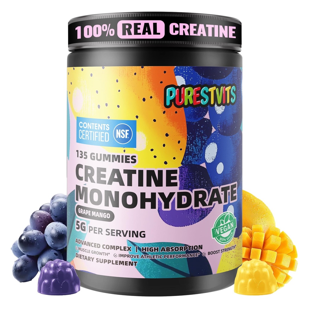 Creatine Monohydrate Gummies (5g) – Pre-Workout Energy & Muscle Growth Support for Men & Women | Grape Mango Electrolyte Gummies (135 Count)