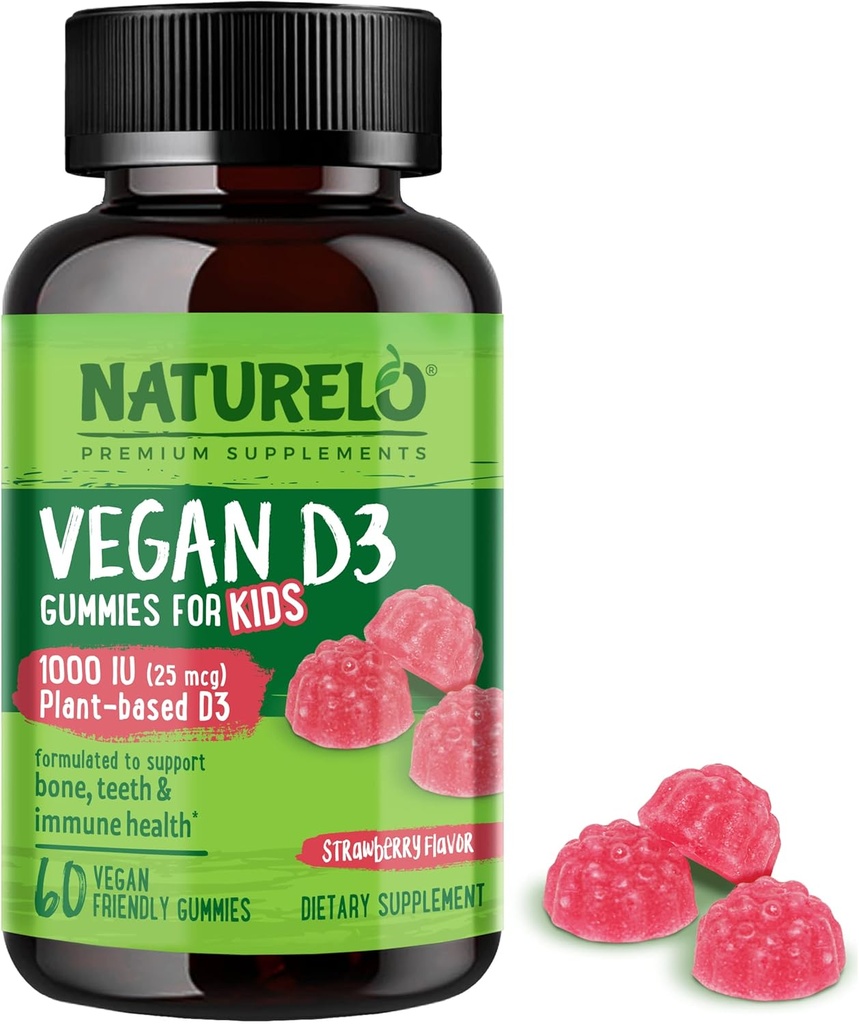 Çocuklar için NATLO Vegan D3 Gummies - 1000 IU Vitamin D3 - Plant-Based Whole Food Supplement for Children 4 and Older - 60 Vegan-Friendly Gummies