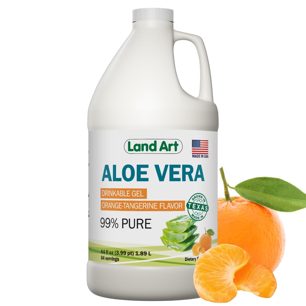 Pure Aloe Vera Drinkable Gel - Orange Tangerine Flavored - Cold-Processed Internal Filet - From Organic Fresh Leaves from Texas - For Heartburn Relief - Acid Reflux - 64 fl ozine Flavored - Cold-Processed Internal Filet - from Organic Fresh Leaves from Texas - for Heartburn Relief - Acid Reflux - 64 fl ozine