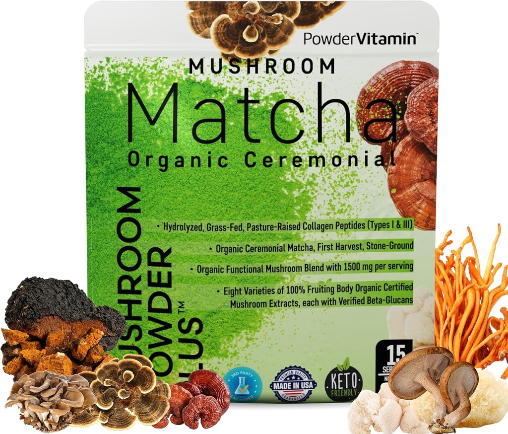 TozVitamin Organik Mushroom Matcha Toz Onaylı Pesticide-Free Grass-Fed Collagen Tip I & III, 8 Meyveli Vücut Mushrooms Beta-Glucans Focus Digestion & Immunity 15 Hizmetler