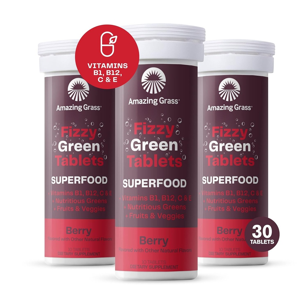 Amazing Grass Fizzy Yeşil Tabletler Superfood: Green Superfood Water Flavoring Tablet Antioksis & alkaliing Greens, Berry, 10 Kont (Pazar 3)