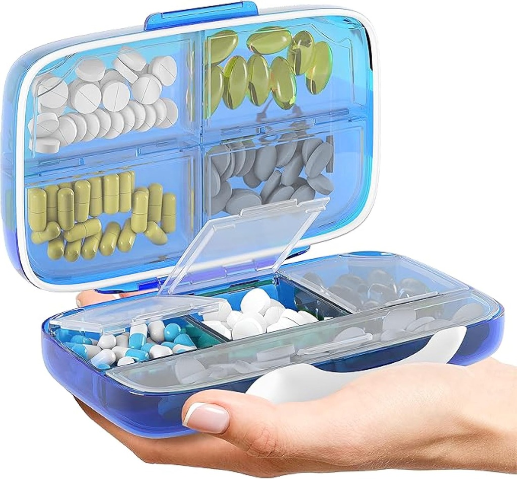 Travel Pill Organizer - Airtight Ιατρική περίπτωση για τα ταξίδια Φορητό κουτί φαρμακείο με ετικέτες Βιταμίνη Δοχείο 8 συμπλήρωμα διαμέρισμα Κάτοχος φαρμακευτικής αγωγής Μεγάλη χωρητικότητα καθημερινά (μπλε)