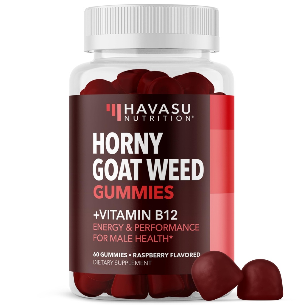 Horny Goat Weed Gummies with Vitamin B12 - Energy, Endurance & Performance Support for Male Health - 60 Count - Vegetarian-Friendly, Non-GMO, Pectin-Based - Raspberry Flavor, 1 ay Supply