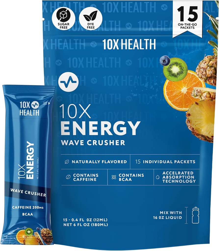 10X Health - Energy Wave Crusher - Ενεργειακό Ποτό με 200mg καφεΐνη, BCAAs, Β Βιταμίνες, Επιταχυμένη Απορρόφηση - Τροπικό Punch Pre-Workout Ποτό - 15 Ποτά Mix Packets (Wave Crusher - Ενέργεια)