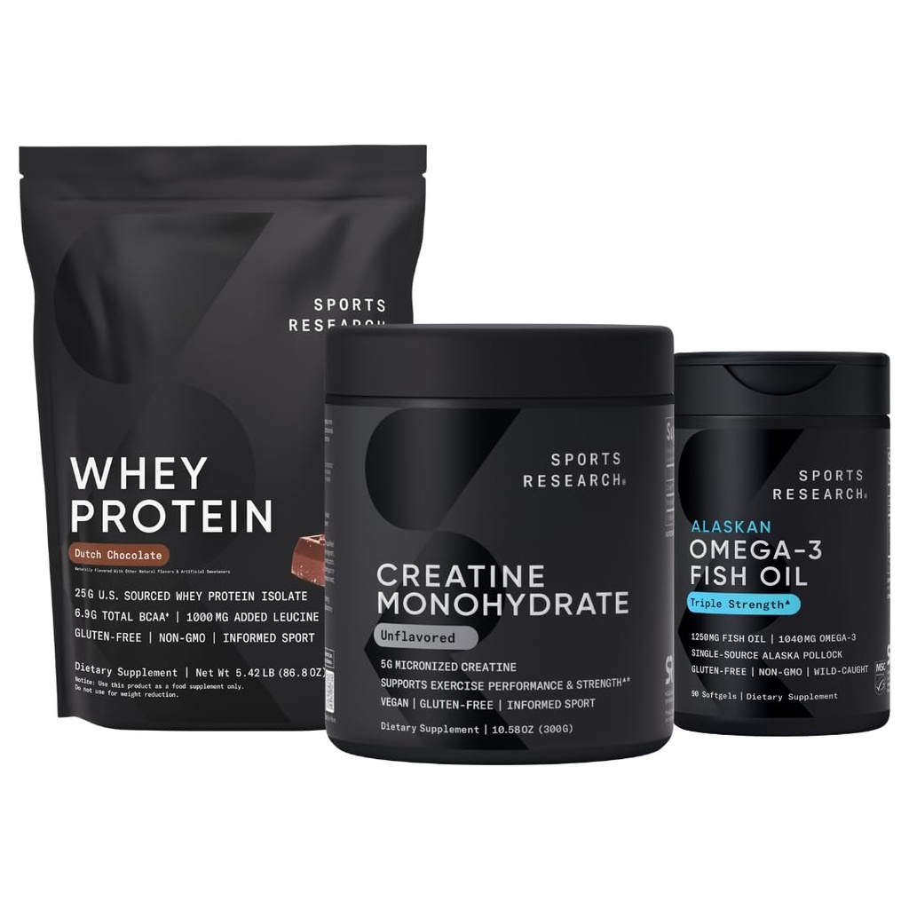 Sports Research® Whey protein & Kretine Monohidrat, Lean Muscle Building, Performance, Strength & Workout Recovery and Triple Strength Omega 3 Packed with EPA & DHA Fatty Acids