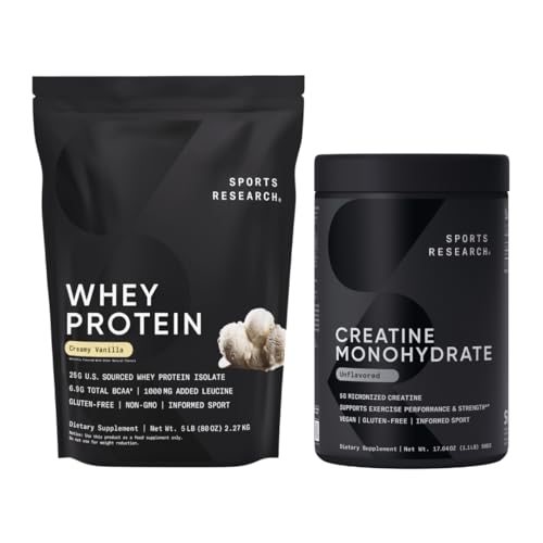 Sports Research® Kretine Monohidrat (100 Hizmet) & Vanilla Whey Protein (63 Hizmet), Lean Muscle Building için Dinamik Duo, Geliştirilmiş Performans, Güçlü ve İşout Kurtarma - Spor Nutritio