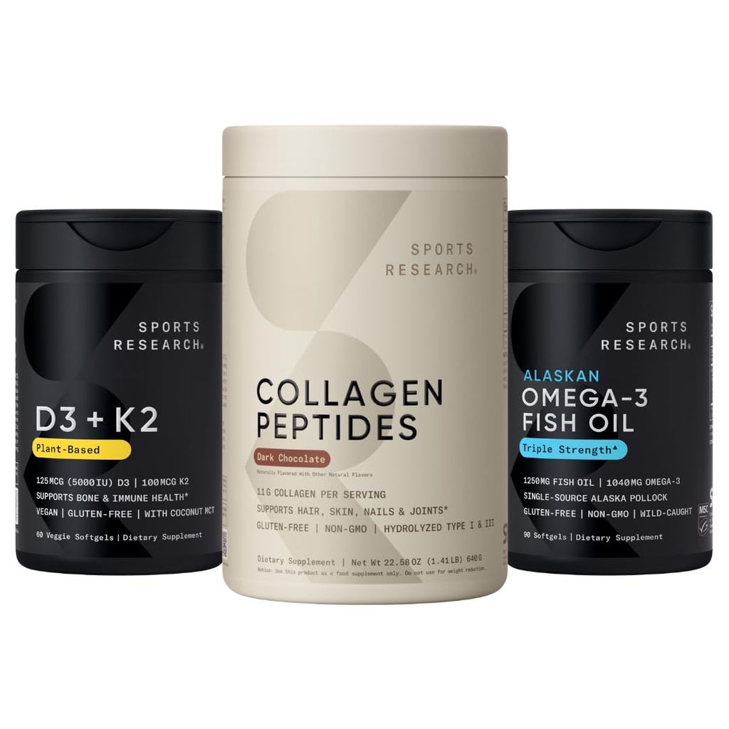 Sports Research® Skin Joint and Bones Pack - Dark Chocolte Collagen Peptides, Triple Strength Omega-3 Fish Oil Supplement, and Vitamin D3 5000iu & Mk7 Vitamin K2 with Coconut MCT Oil
