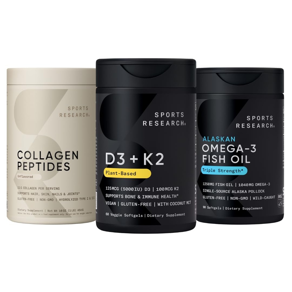 Sports Research® Body Wellness Pack - Vitamin D3 5000iu + K2 100mcg, Omega-3 Fish Oil 1250, and Organic Collagen Peptides