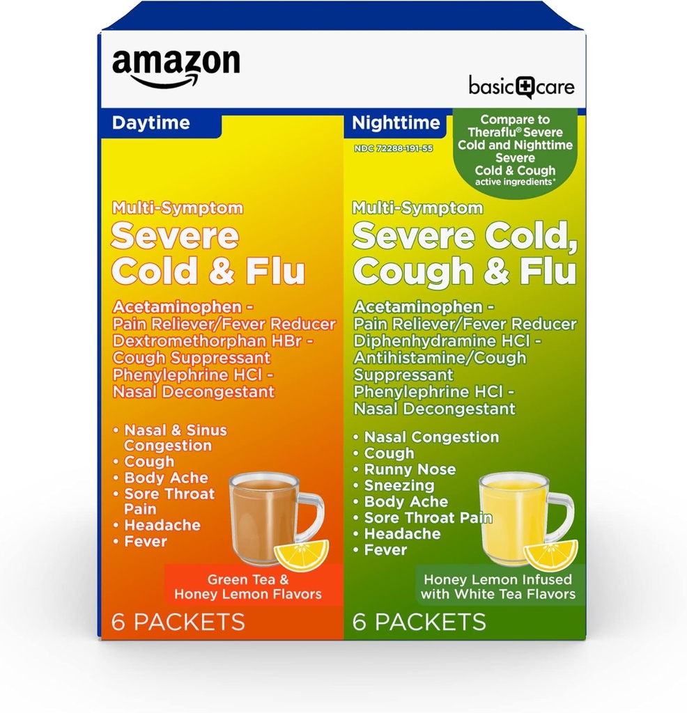 Temel Bakım Severe Cold, Cough ve Flu Medicine Toz Paketleri, Daytime ve Nighttime Kombinasyon Paketi, Green Tea & Honey Lemon, 12 Kont