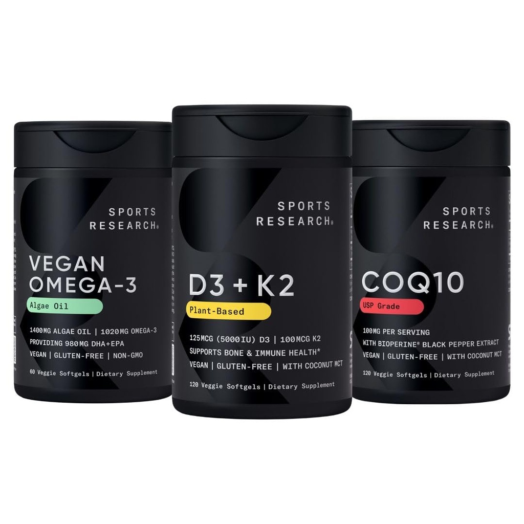 Sports Research® Vegan Supplements Pack - Vegan Omega-3 Fish Oil Alternative from Algae Oil + Vitamin D3 + K2 + CoQ10