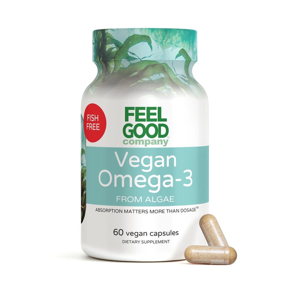 Feelgood Company Vegan Omega-3 Supplement, Algae-Based, Fish-Free, 60 Capsules, Gluten-Free, Soy-Free, Easy to Digest