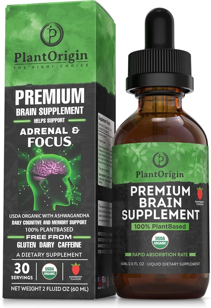 PLANTORIGIN-USDA Organic Liquid Brain Supplement – Plant-Based Nootropic Drops for Focus, Memory & mental Clarity – Vegan, Non-GMO, Caffeine-Free, Ashwagandha, BTC, G, Rhodiola - ABD'de Made in USA