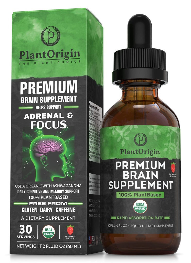 PLANTORIGIN-USDA Organic Liquid Brain Supplement – Plant-based Nootropic Drops for Focus, Memory & Mental Clarity – Vegan, Non-GMO, Caffeine-Free, Ashwagandha, Ginseng, Ginkgo, Rhodiola – Made in USA