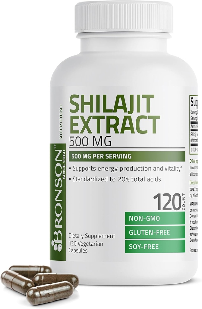 Bronson Shilajit 500 MG Per Hizmet, Destekler Enerji Üretimi ve Vitality, Standartlaştırılmış 20 Toplam Asit, Non-GMO, 120 Vegetarian Capsules