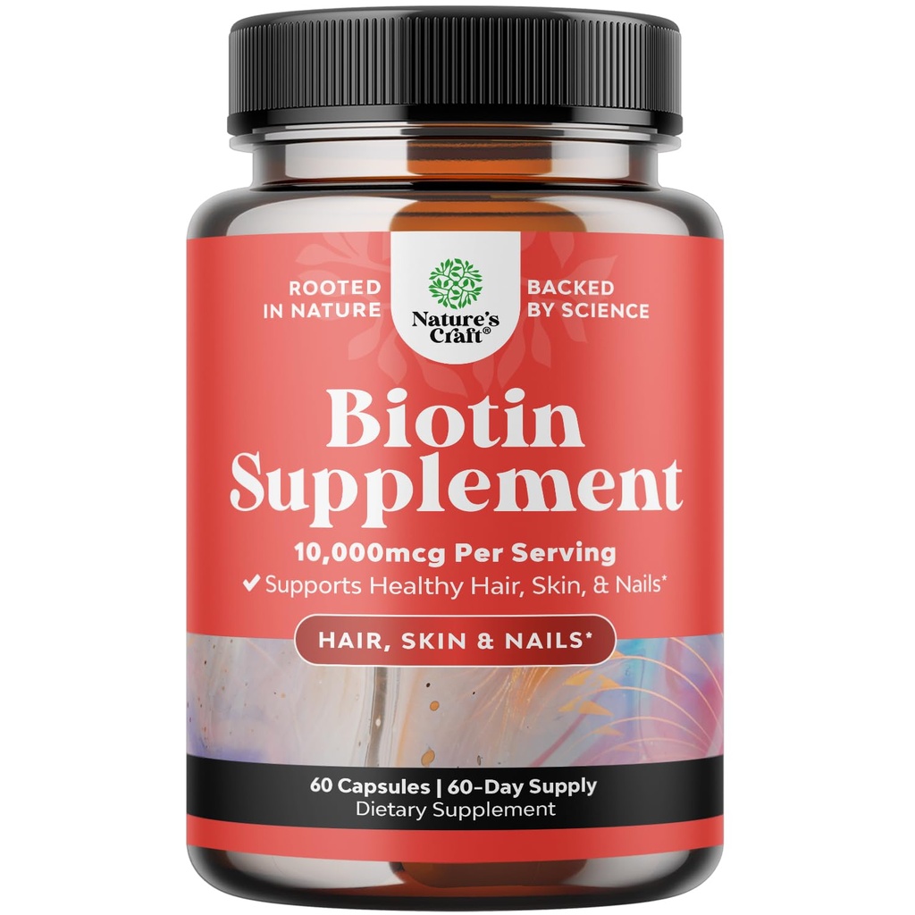 10000 mcg Pure Biotin Pills for Women Men - Promotes Thicker and Fuller Hair. Natural Supplement for Shiny Thick Hair Growth - Vegetarian Vitamin Capsules - Get Clear Skin Strong Nails - 60 Count