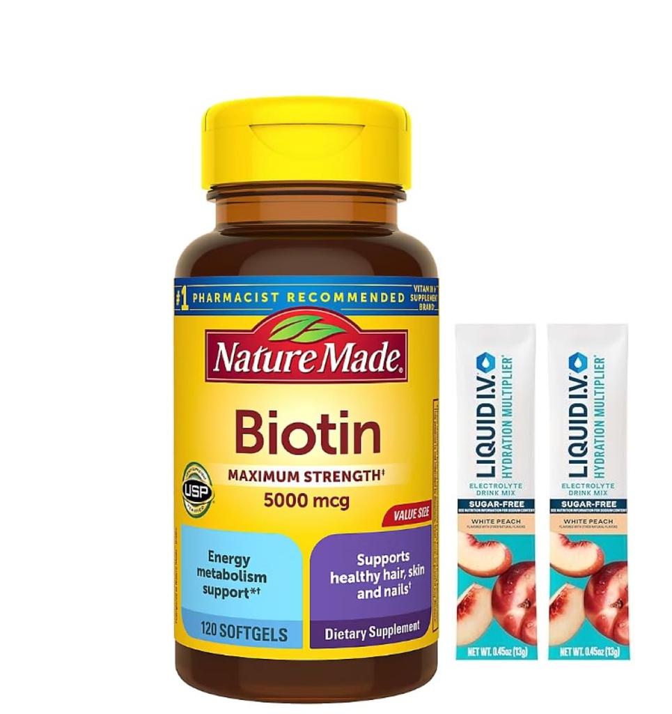 Nature Made Biotin Maximum Strength 5000 MCG - Hair, Skin and Nails Support - 180 Softgels Plus Bonus 2 Sugar Free White Peach Hydration Sticks