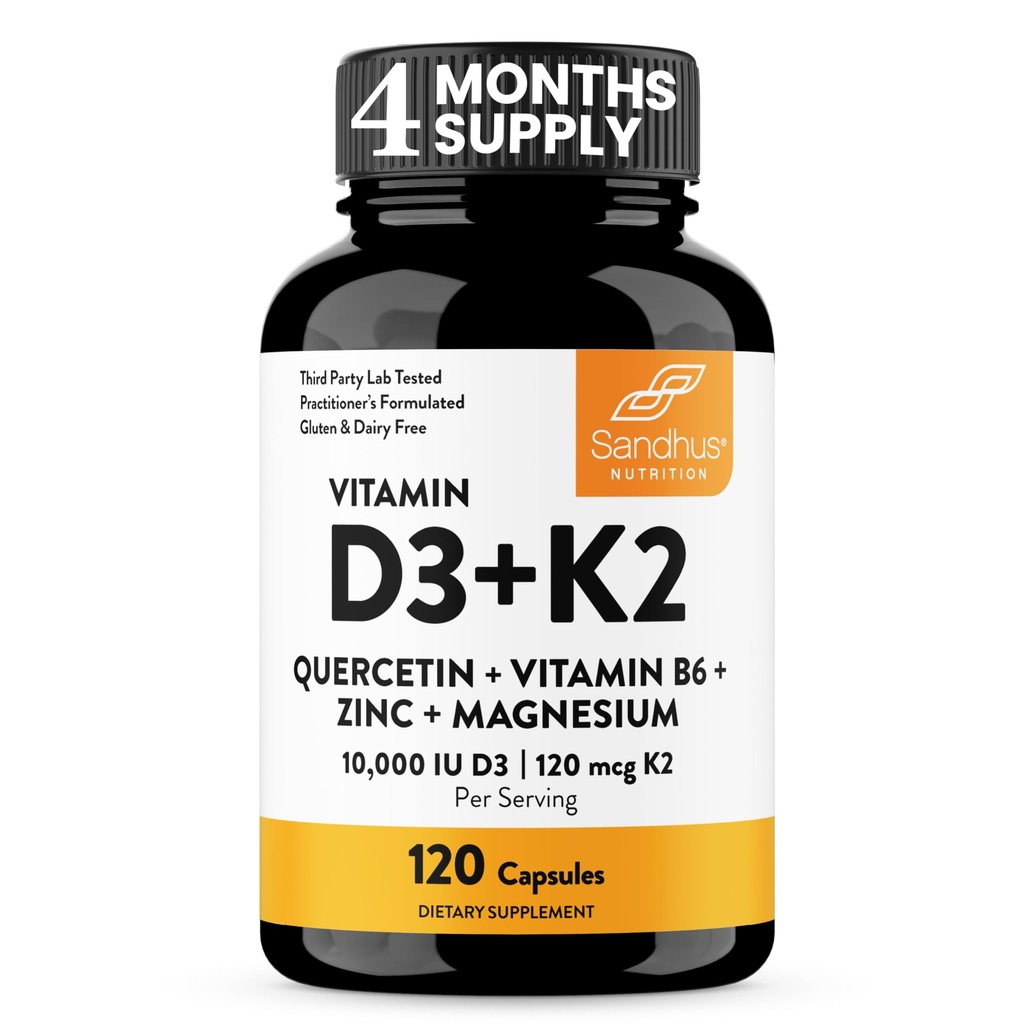 Sandhu's Vitamin D3 K2 Magnesium 10000 IU, 120mcg K2 Capsules 120 Count (Pack of 1) | with VIT B6, Zinc & Quercetin | D3K2 Supports Superior Absorption, Energy, Immune, Muscle Health for Men & Women