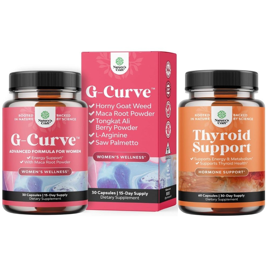 Natures Craft Bundle of G Curve Horny Goat Weed for Women, and Herbal Thyroid Support Complex - Potent Kelp Iodine Supplement - Mood and Energy Dietary Pills