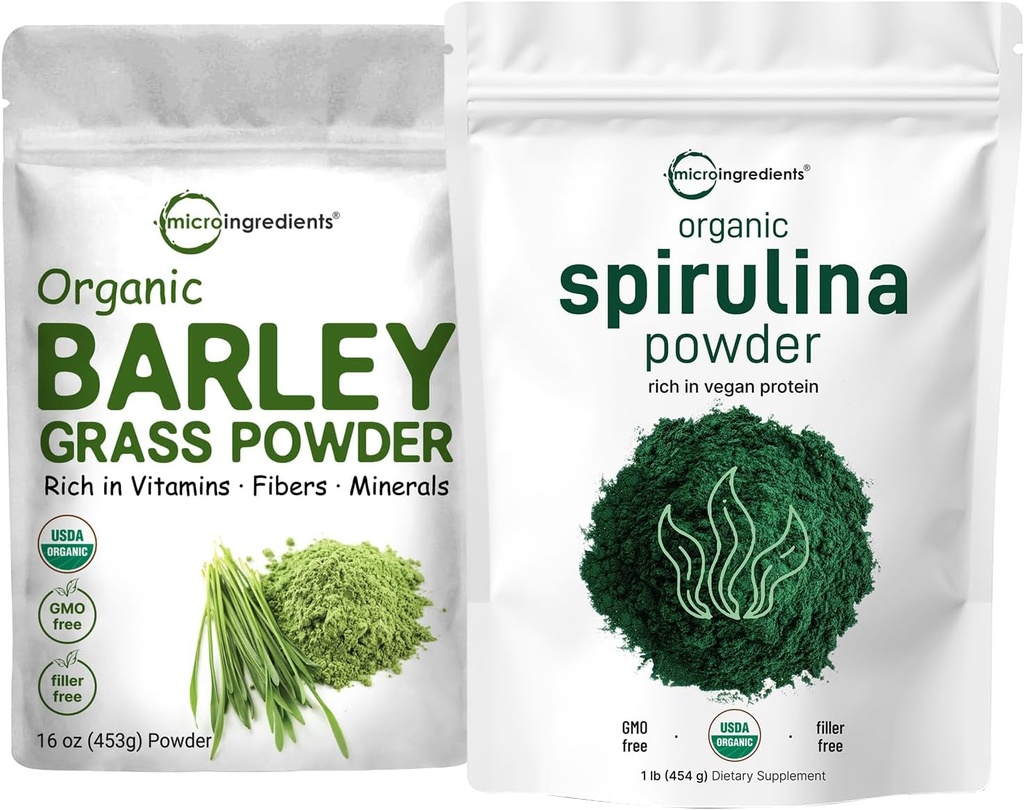 Mikro Malzemeler Organik Spirulina Toz 1lb & Organik Barley Toz Çim 16oz Paket 2 Paket | Raw Superfoods | Vegan protein, Fibers, Minerals, & Vitamins