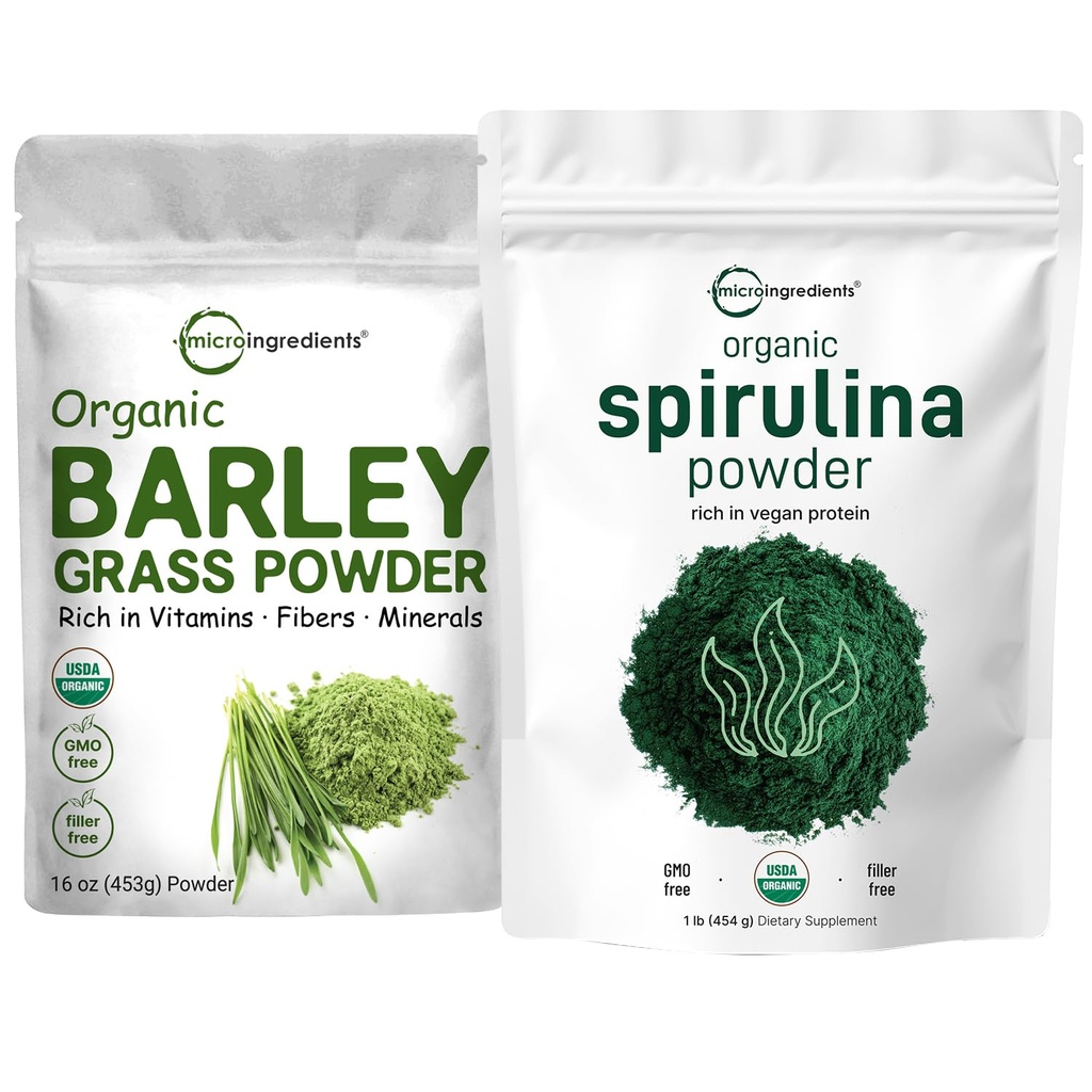 Mikro Malzemeler Organik Spirulina Toz 1lb & Organik Barley Toz Çim 16oz Paket 2 Paket | Raw Superfoods | Vegan protein, Fibers, Minerals, & Vitamins